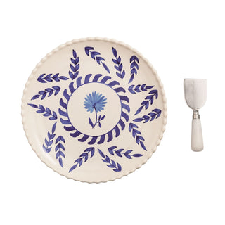 hand‑painted stoneware platter with serving utensil