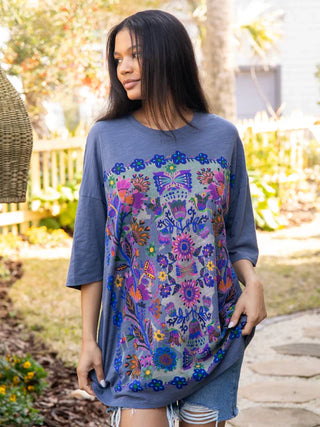 one size cotton easy tee- twilight folk garden