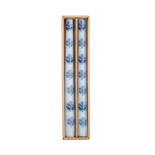 block print blue base taper candle set