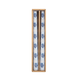 block print blue stripe taper candle set
