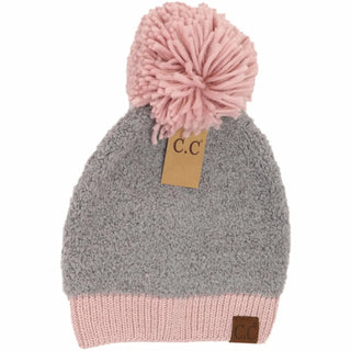 color block knitted sherpa pom beanie - light grey
