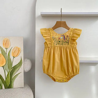 floral embroidered verticle ruffle strap romper