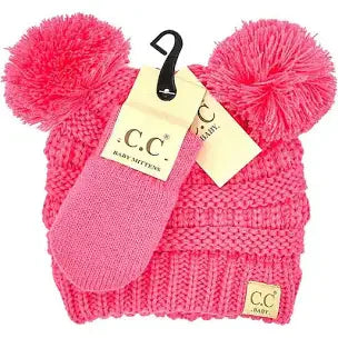 baby solid knit double pom with mitten set - candy pink