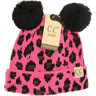 baby leopard double pom beanie - new candy pink