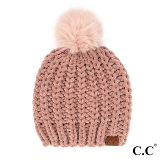 chunky braided cable knit fur pom beanie - assorted