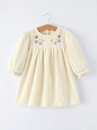 cream striped floral embroidery toddler girl dress