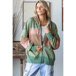 washed colorblock hooded soft thermal jacket