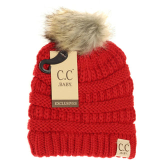 baby fur pom beanie - red