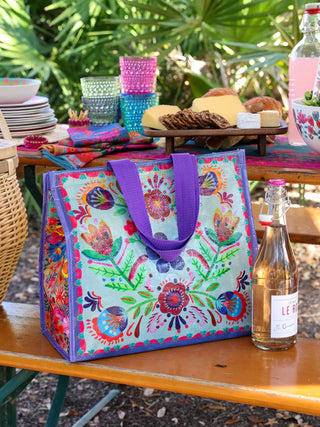 insulated cooler tote- dusty blue folk flower