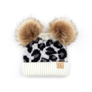 baby double pom leopard print beanie - ivory