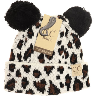 baby leopard double pom beanie - white