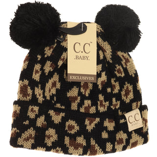 baby leopard double pom beanie - black