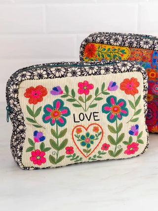 embroidered corduroy cosmetic pouch