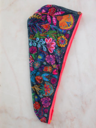 microfiber hair towel wrap- charcoal folk flower