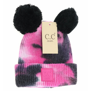 baby tie dye double fur pom knit beanie - assorted