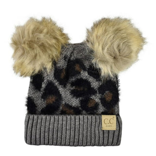 baby double pom leopard print beanie - light grey