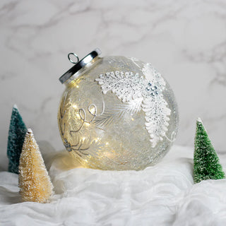 frosted pine crackle glass ornament with LED string lights
