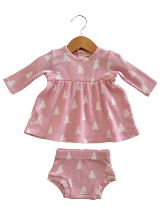 organic waffle simple dress & bloomer - pink christmas trees