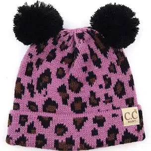 baby leopard double pom beanie - lavender