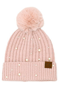 pearl embellished faux fur pom beanie - rose