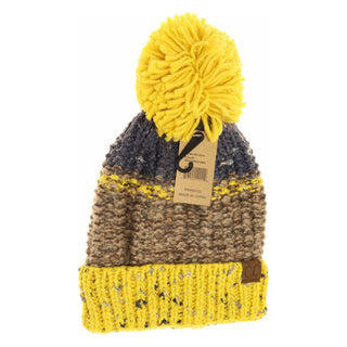 fuzzy lined flecked multi color pom beanie - mustard/camel