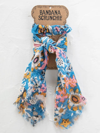 bandana scrunchie - blue tan floral