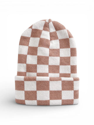 baby's first hat - tan/warm white checkerboard