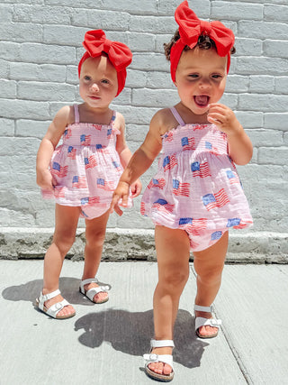 muslin smocked top & bloomer set - american flag pink
