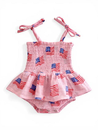 muslin smocked bubble with skirt - american flag pink