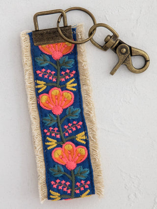 embroidered key fob - indigo pink