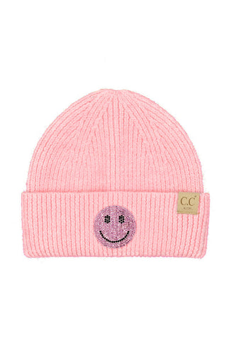 kid smile face rhinestone beanie - pink
