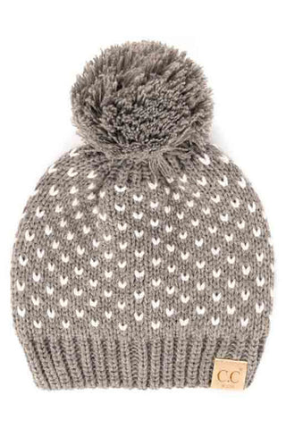 kids heart knit pom beanie - grey/ivory