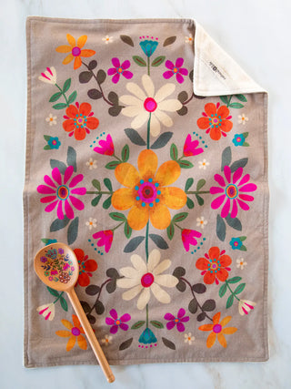 cotton dish towel - taupe folk flower