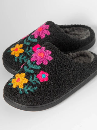 icon sherpa slippers- charcoal pink folk flower