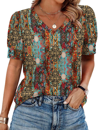 v neck puff sleeve tee button detail top - broken flower
