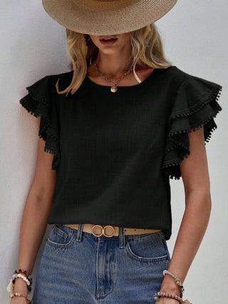 casual ruffle sleeve V-neck blouse with pom pom trim