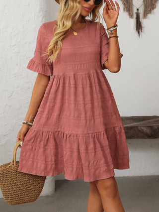 ruffle sleeve a line tiered flowy mini dress - bean paste powder