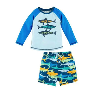 boys rash guard and swim trunks set - sharks