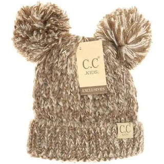 kids multi tone double pom pom beanie - assorted