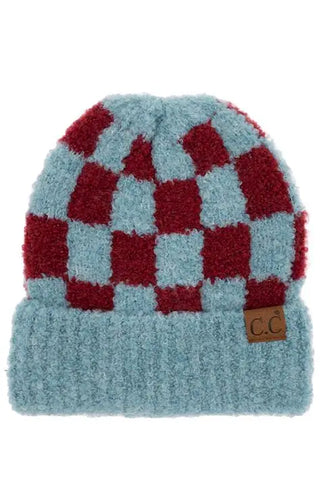 boucle checkered pattern cuff beanie