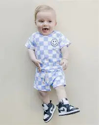 checkered shorts set - blue