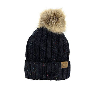confetti cable knit faux fur pom beanie - black