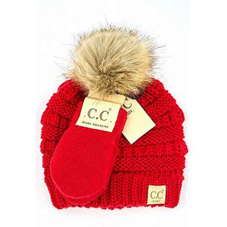 baby solid knit faux fur pom beanie with mitten set - assorted