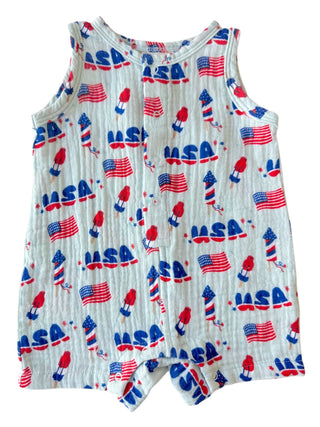 muslin shortie romper - 4th of july blue