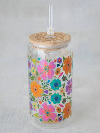 glass tumbler with lid & straw - folk flower