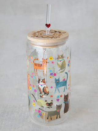 glass tumbler with lid & straw - cat
