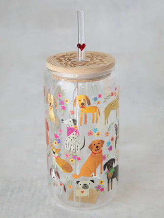 glass tumbler with lid & straw - dog