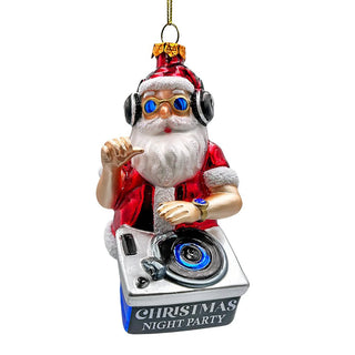 DJ santa spinning christmas party glass ornament