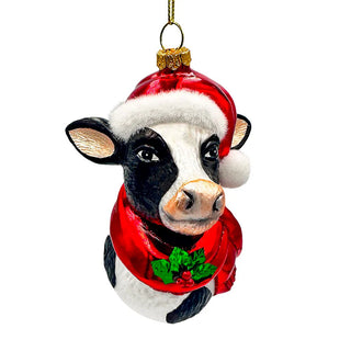 festive cow in wreath glass ornament