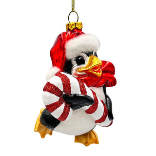 penguin with candy cane glass ornament